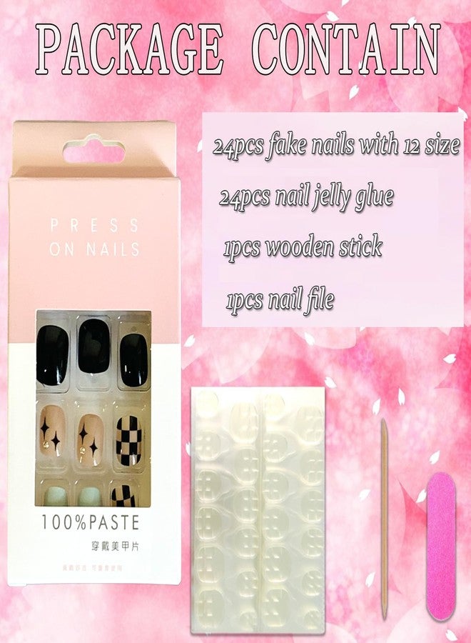 Vezocim Press on Nails Square Short 24Pcs Black Press on Nails Coffin with Plaids Stars Designs Glossy Full Cover Acrylic Short False Nails Glue Fingernails Artificial Fake Nails for Women Girls - Image 4